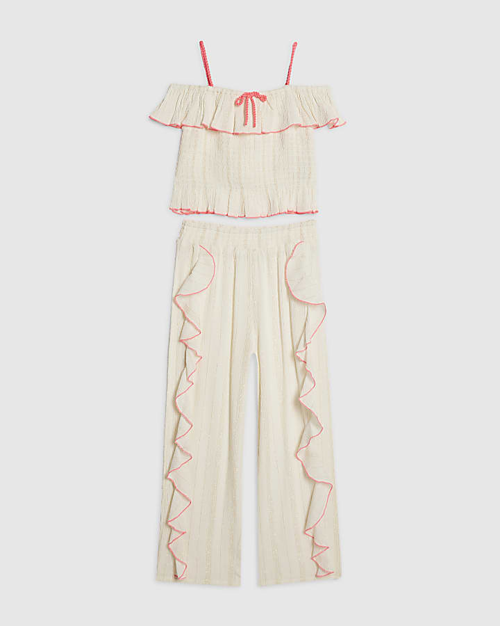 Girls White Frill Trousers Set