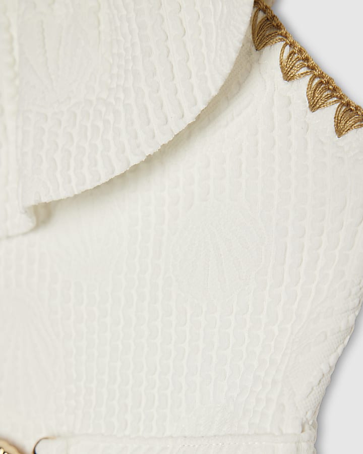 Girls White Shell Textured Belt Swimsuit
