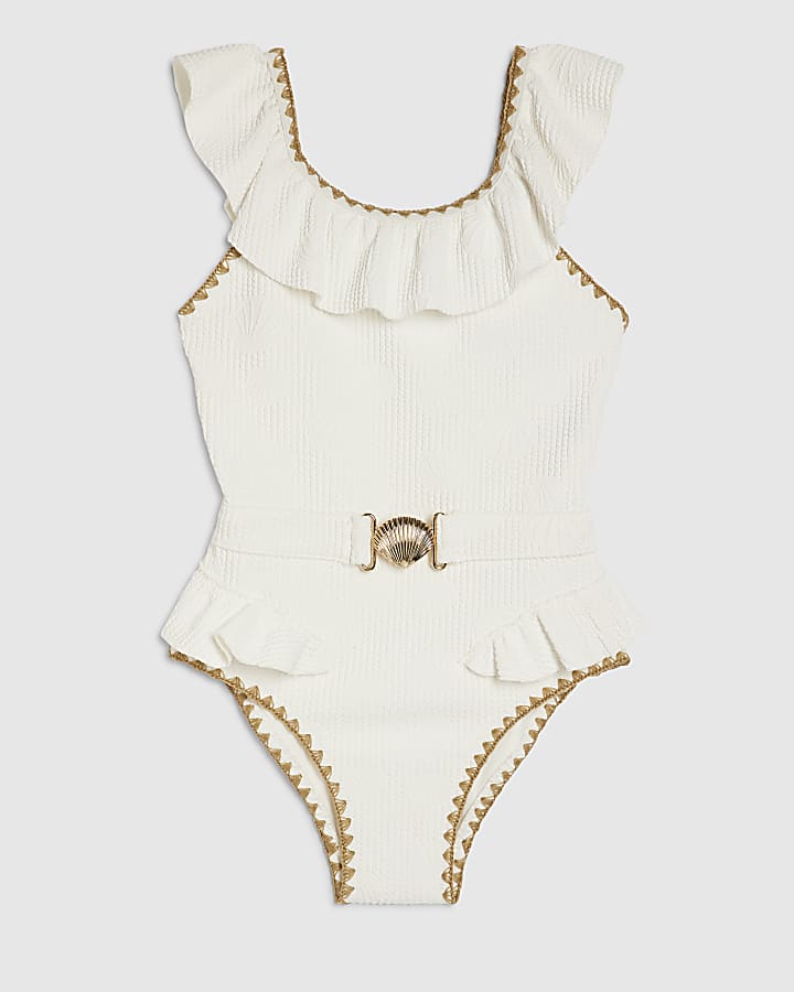 Girls White Shell Textured Belt Swimsuit