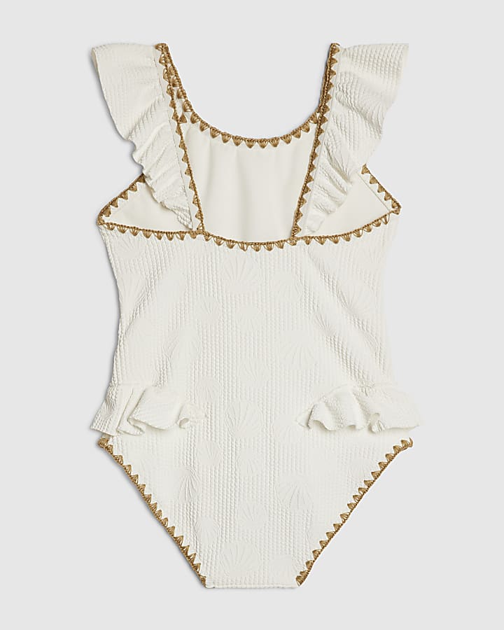 Girls White Shell Textured Belt Swimsuit