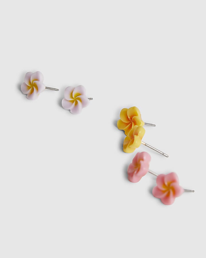 Girls White Hibiscus Pack Of 3 Stud Earrings