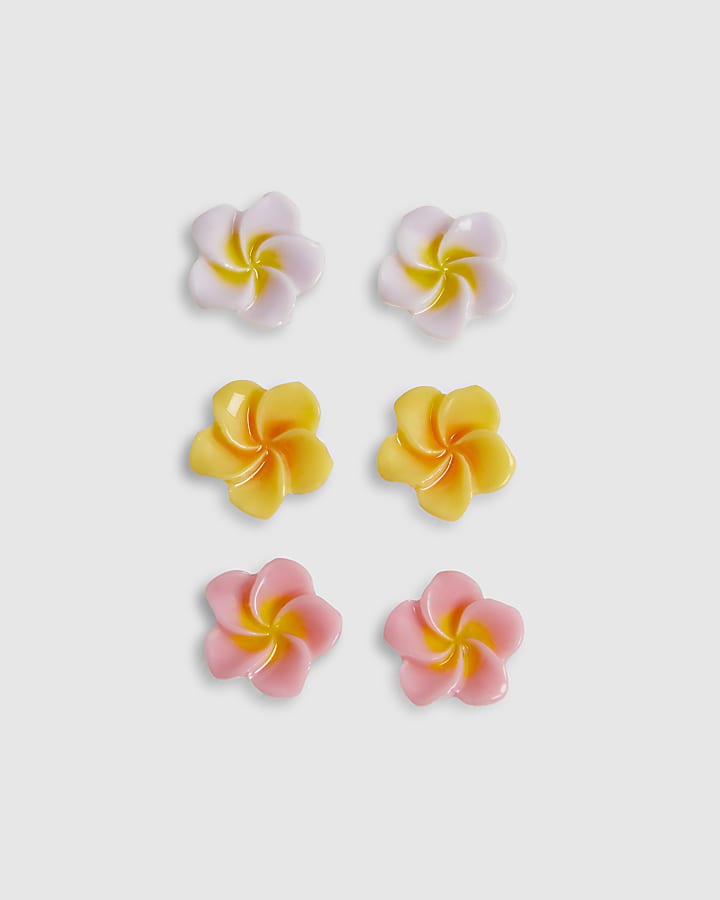 Girls White Hibiscus Pack Of 3 Stud Earrings