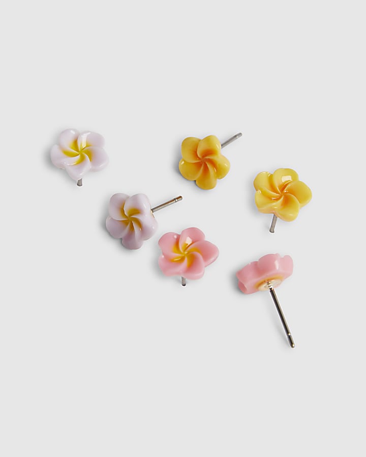 Girls White Hibiscus Pack Of 3 Stud Earrings