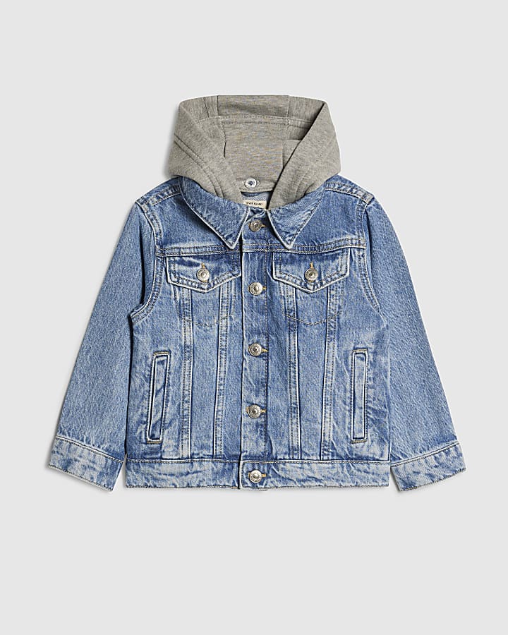 Mini Boys Blue Hooded Denim Jacket