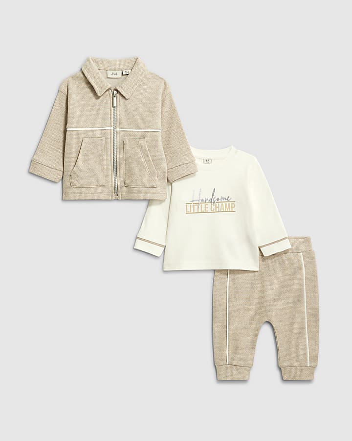 Baby Boys Beige Jacquard Jersey Shacket Set