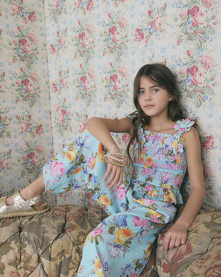 Girls Blue Rose Corsage Top Set