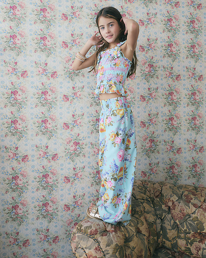 Girls Blue Rose Corsage Top Set