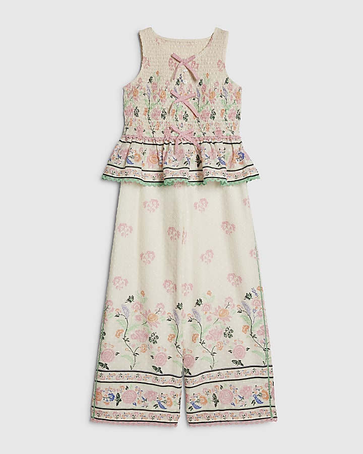 Girls Cream Smock Frill Top and Trouser Set