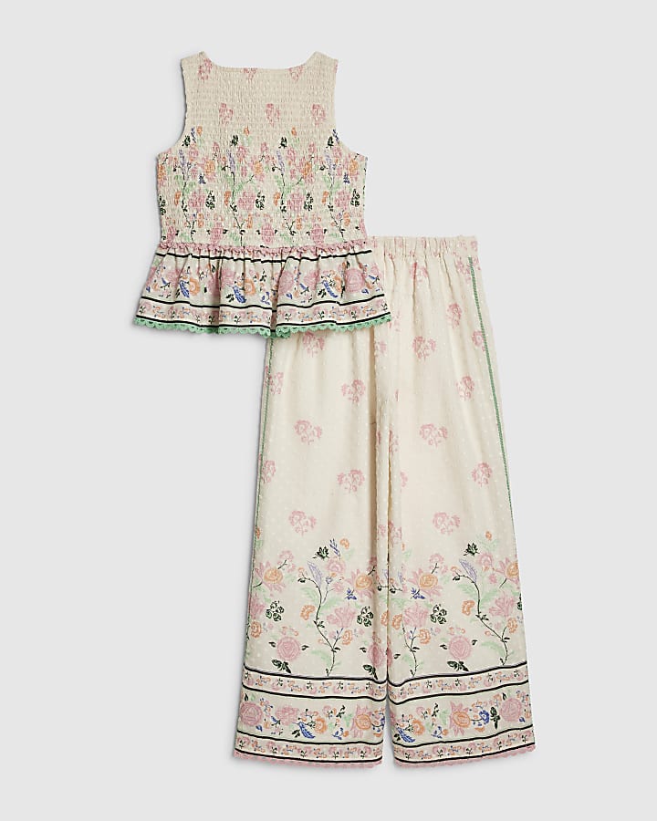 Girls Cream Smock Frill Top and Trouser Set