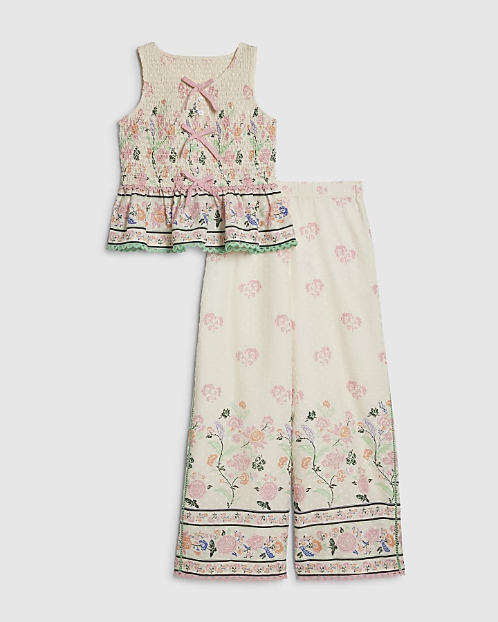 Girls Cream Smock Frill Top and Trouser Set