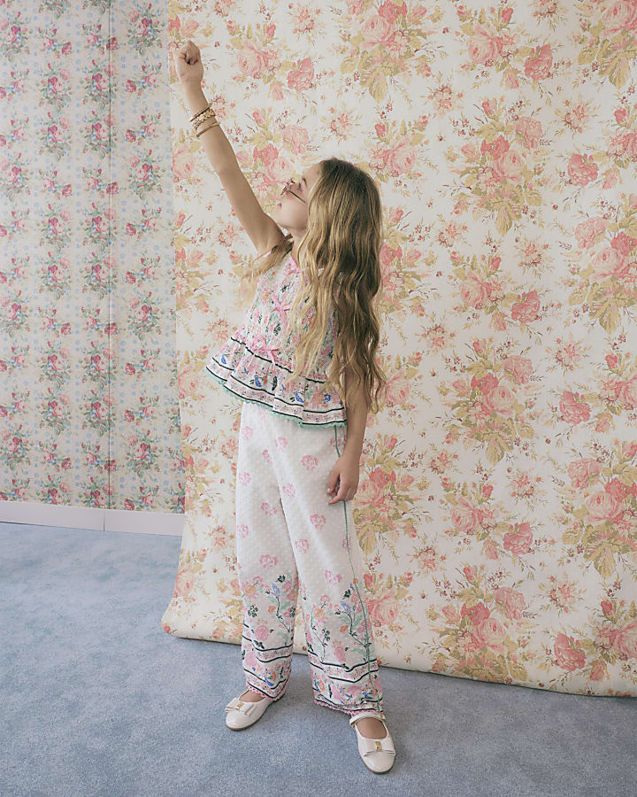 Girls Cream Smock Frill Top and Trouser Set