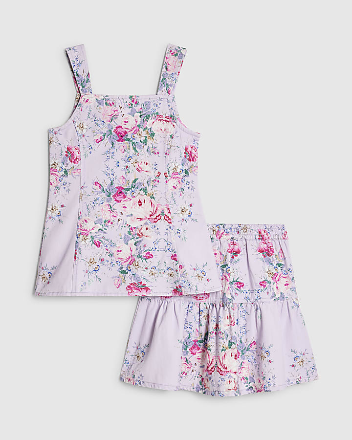 Girls Purple Floral Print Waistcoat Set