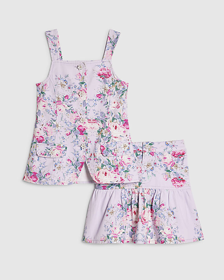 Girls Purple Floral Print Waistcoat Set