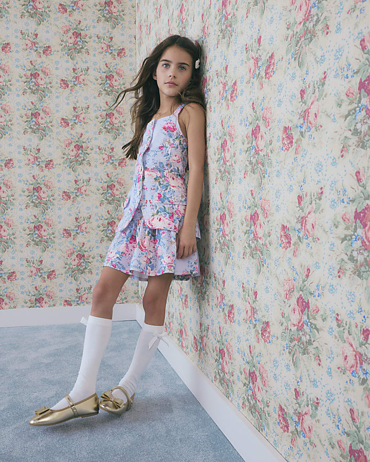 Girls Purple Floral Print Waistcoat Set
