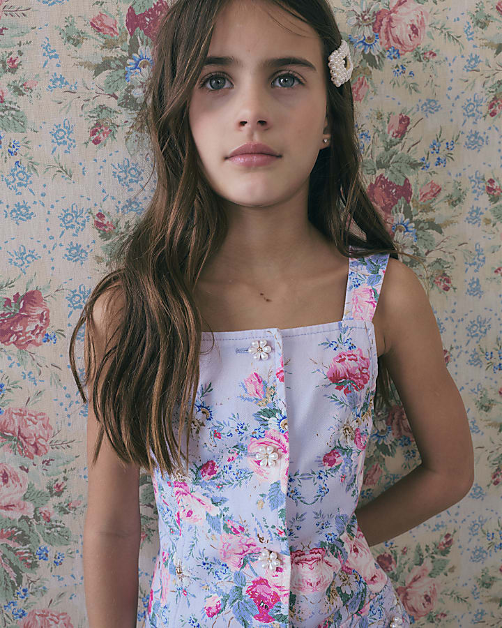 Girls Purple Floral Print Waistcoat Set