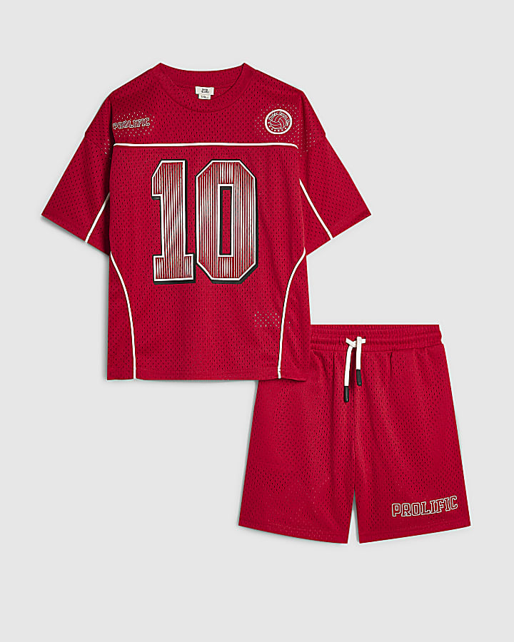 Boys Red Oversized Mesh T-Shirt & Shorts Set