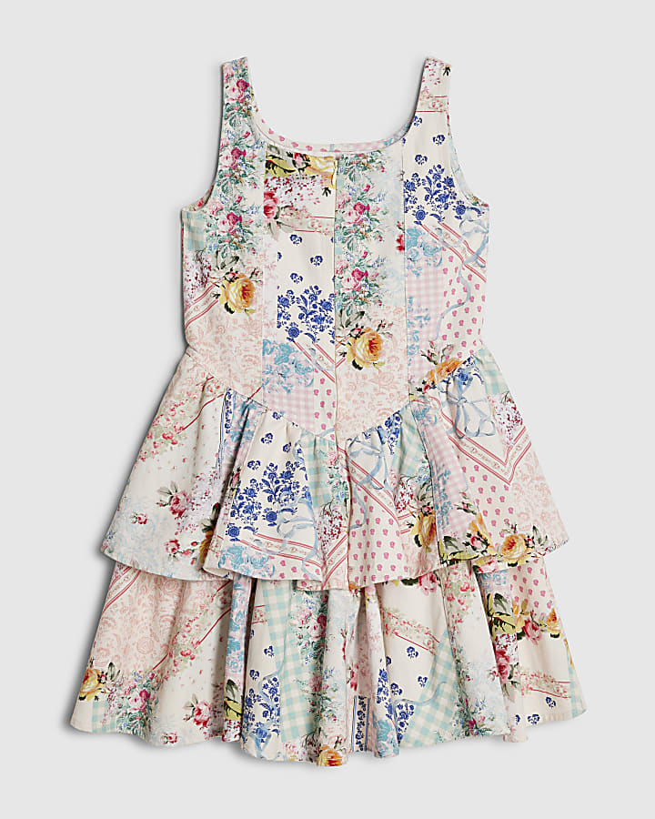 Girls Cream Floral Print Tiered Dress