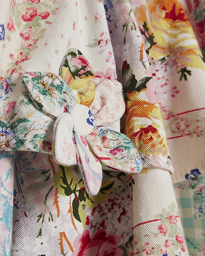 Girls Cream Floral Print Tiered Dress