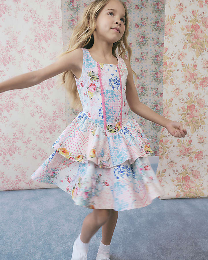 Girls Cream Floral Print Tiered Dress