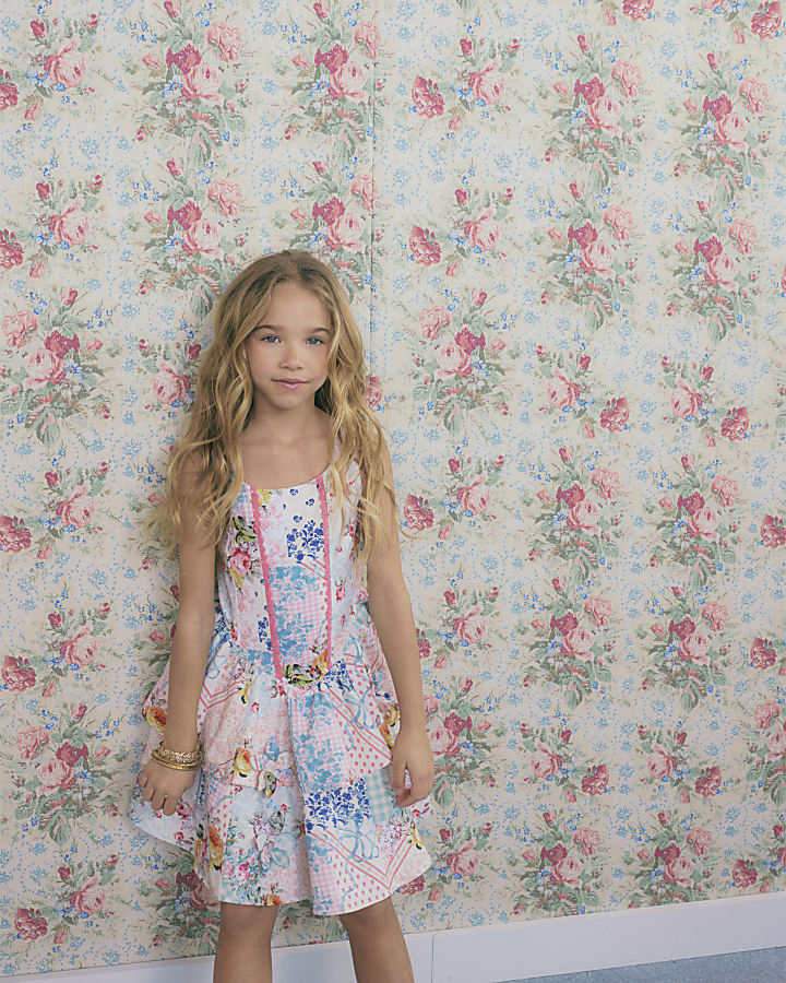 Girls Cream Floral Print Tiered Dress