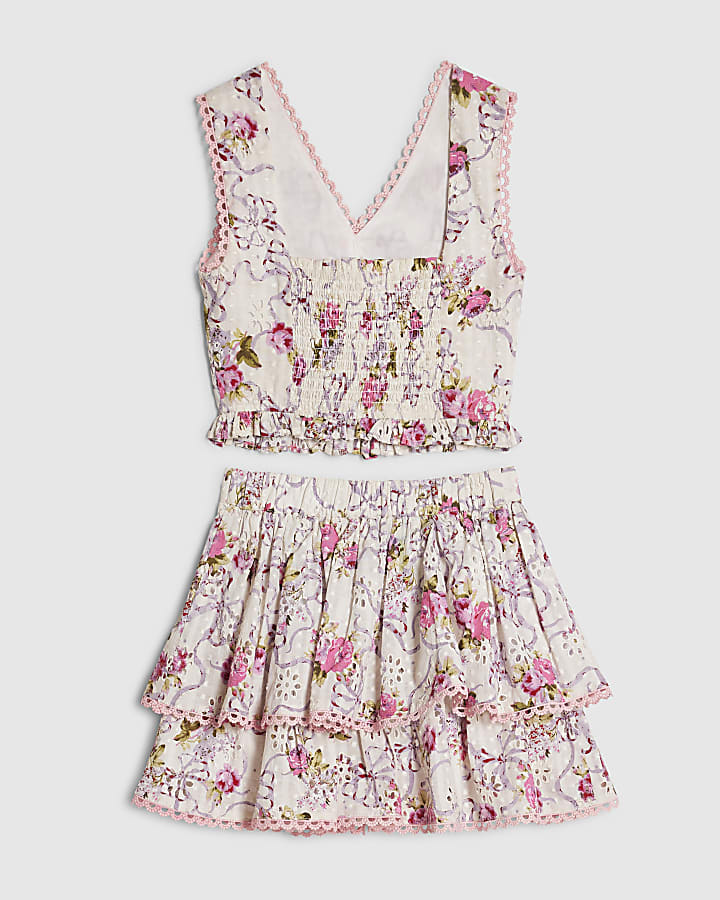 Girls Cream Bow Frill Top And Skirt Set