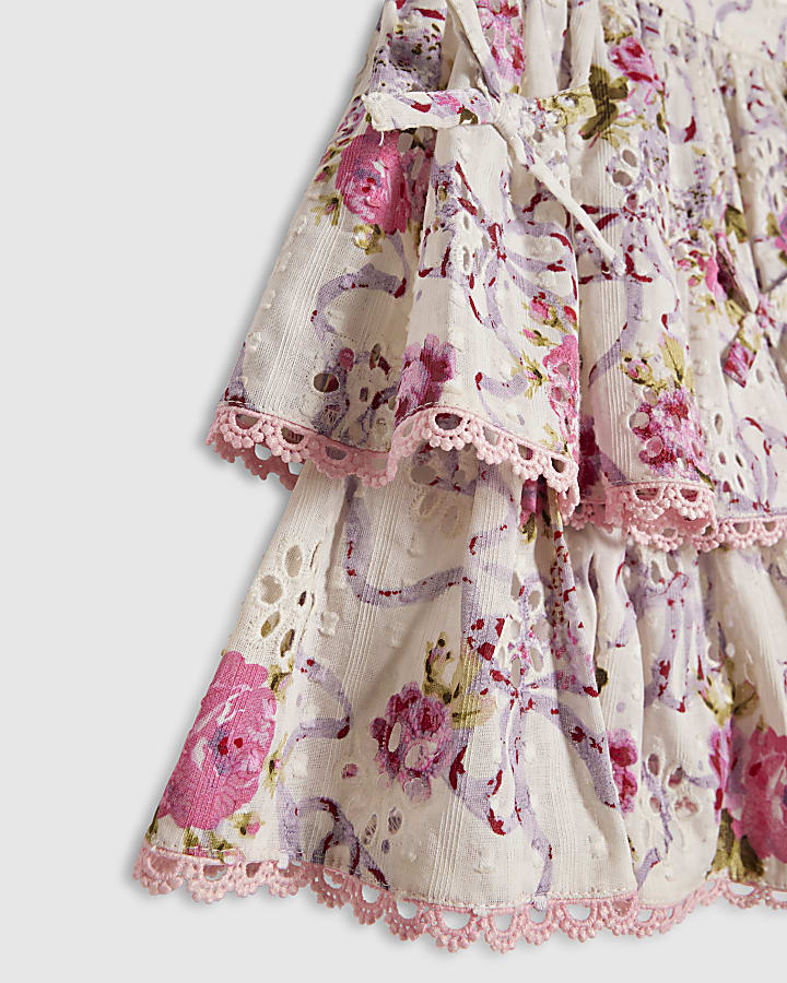 Girls Cream Cotton Floral Top And Skirt Set