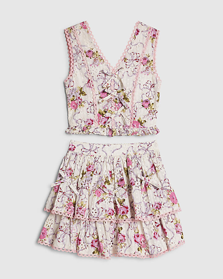 Girls Cream Cotton Floral Top And Skirt Set