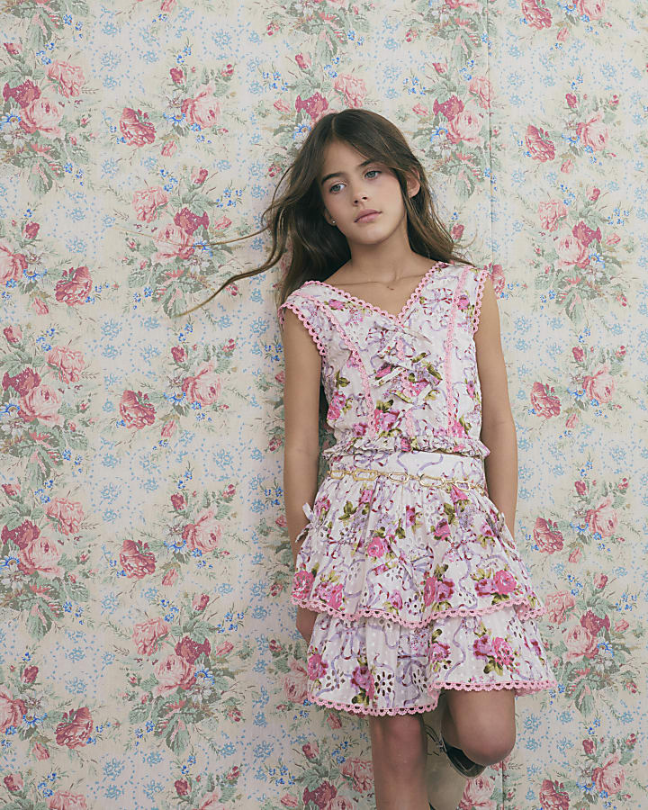 Girls Cream Bow Frill Top And Skirt Set