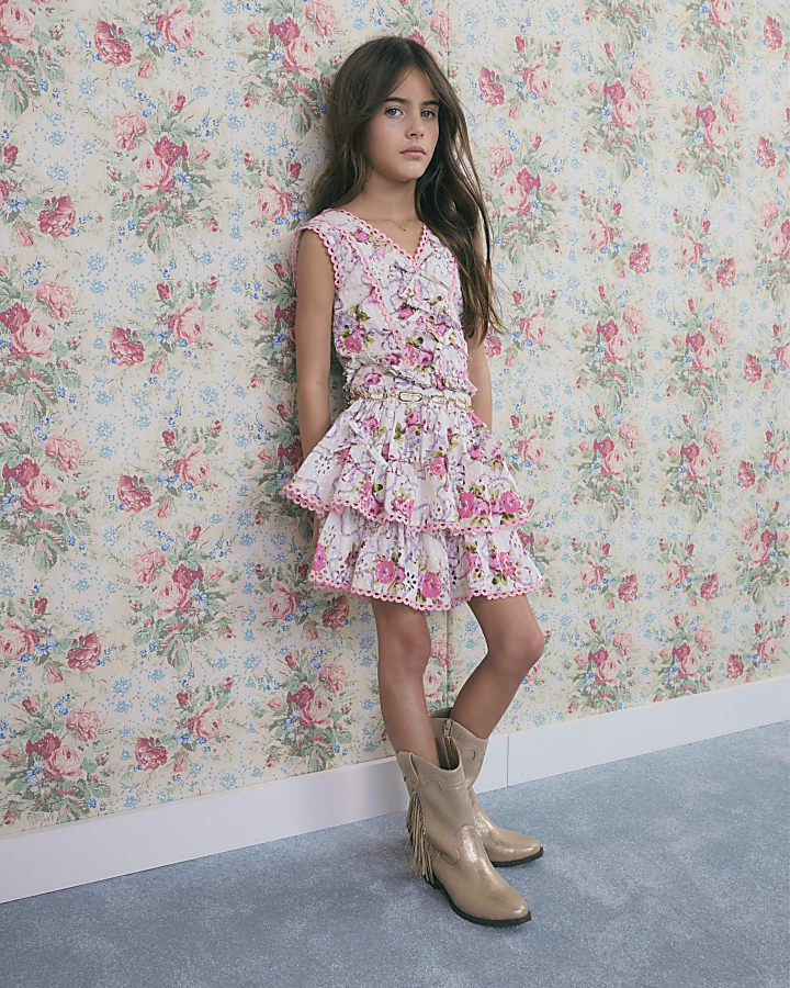 Girls Cream Bow Frill Top And Skirt Set