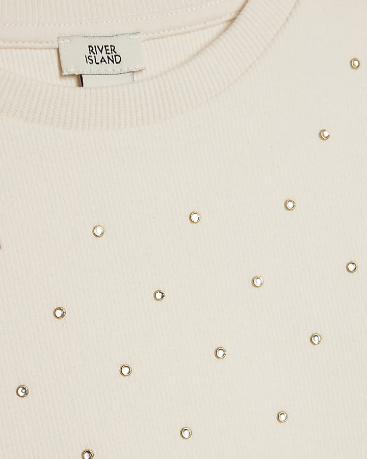 Girls Cream Studded T-Shirt