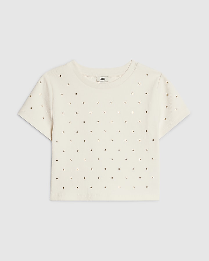 Girls Cream Studded T-Shirt