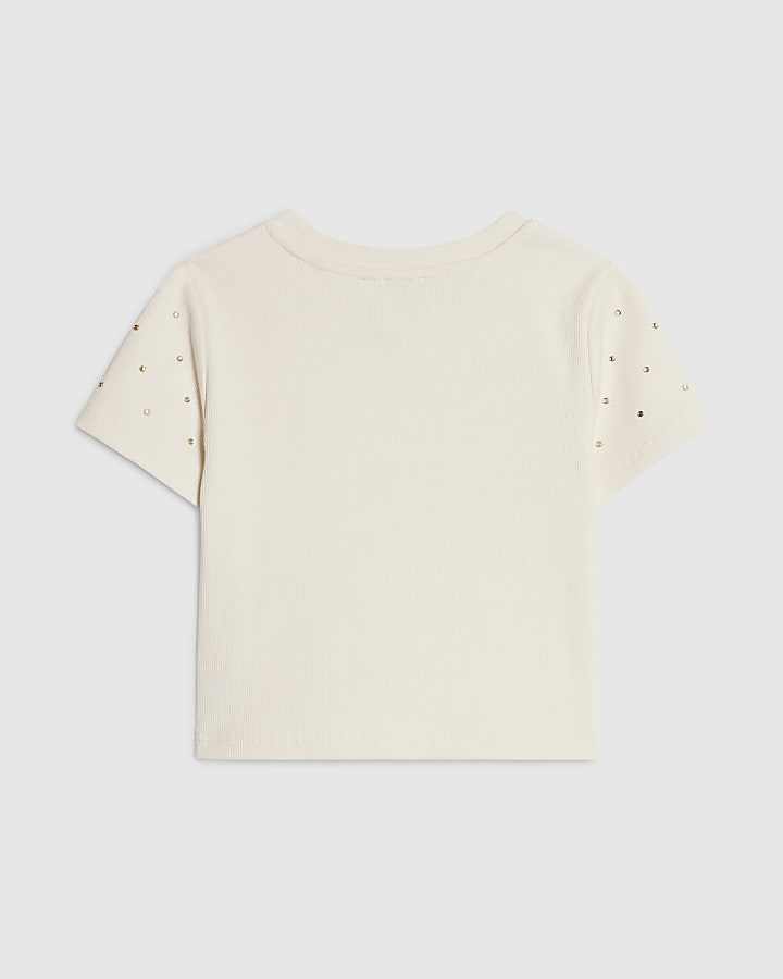 Girls Cream Studded T-Shirt