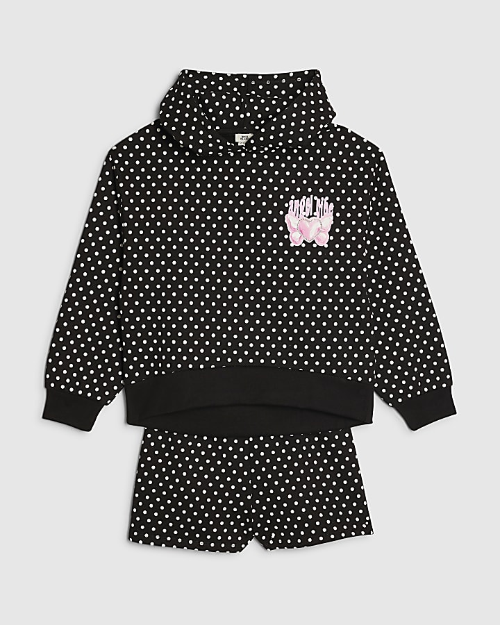 Girls Black Polka Dot Hoodie And Shorts Set