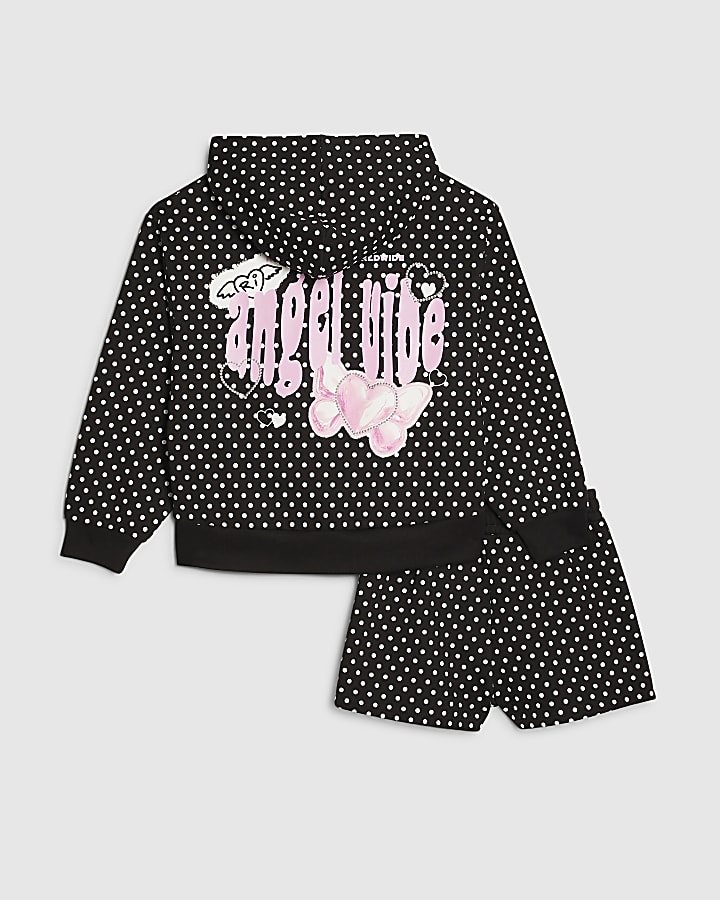 Girls Black Polka Dot Hoodie And Shorts Set