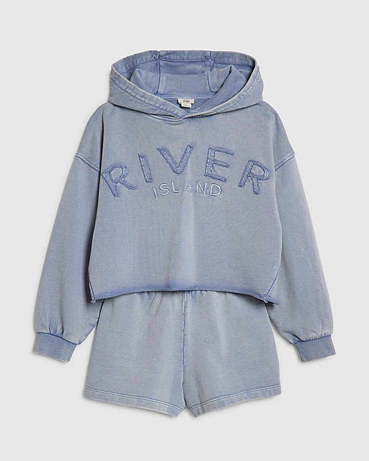 Girls Blue Washed River Hoodie Set