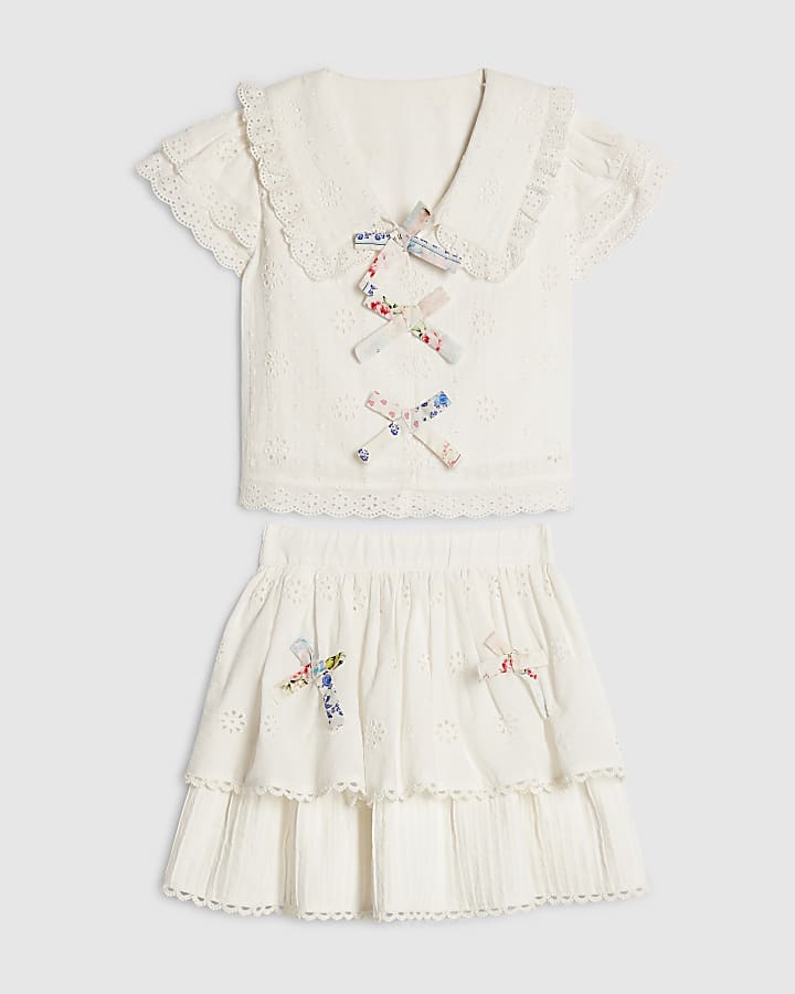 Girls White Collared Top And Rara Skirt