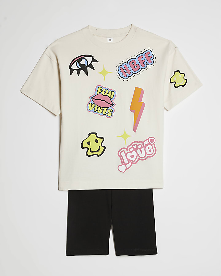Girls White Graffiti T-Shirt And Shorts Set