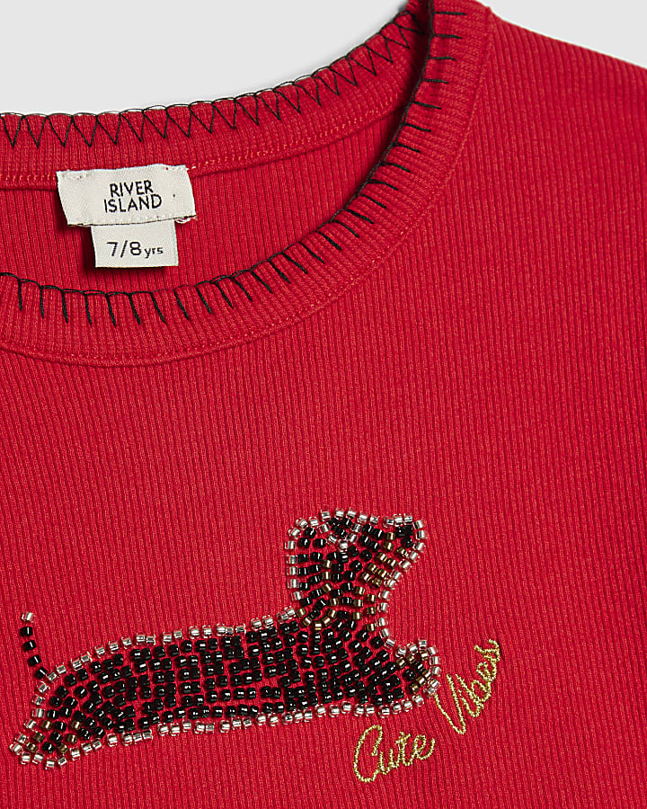 Girls Red Dachshund Beaded T-Shirt