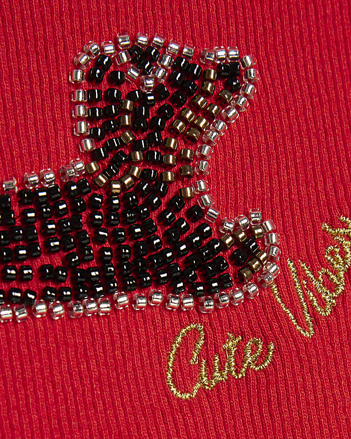 Girls Red Dachshund Beaded T-Shirt