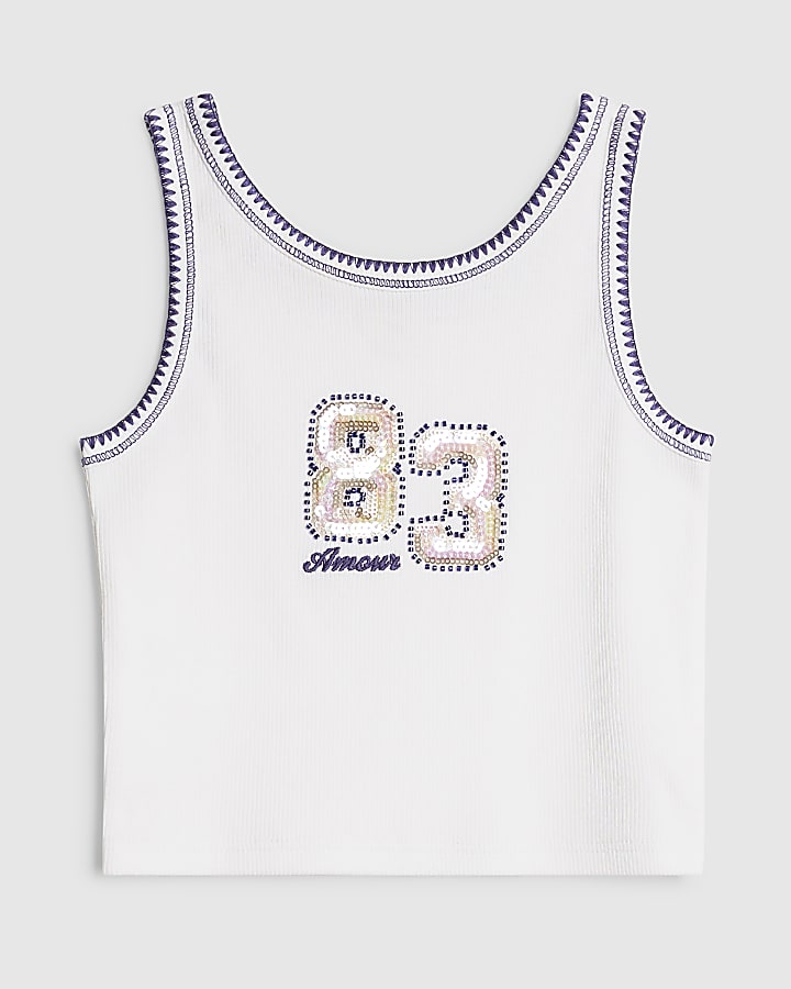 Girls White 83 Sequin Tank Top