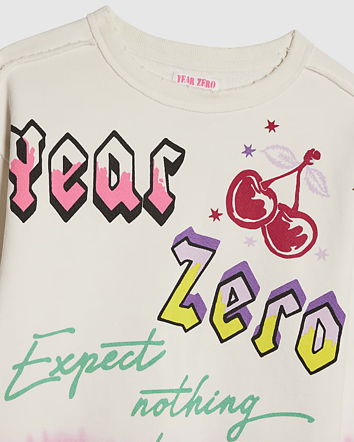 Girls White Year Zero Raw Hem Sweatshirt