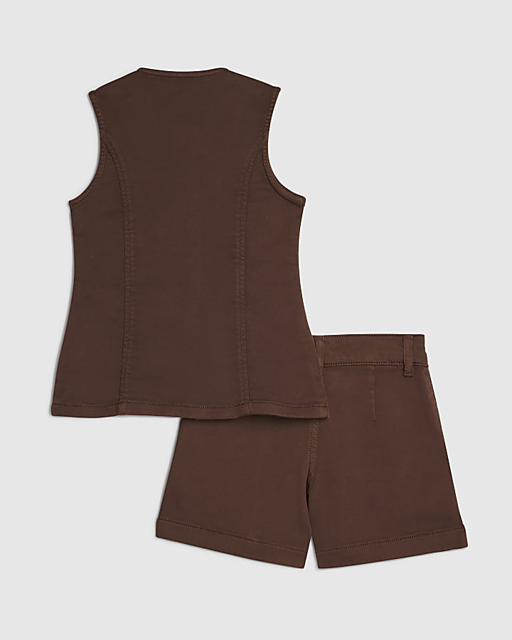 Girls Brown Denim Waistcoat And Shorts Set