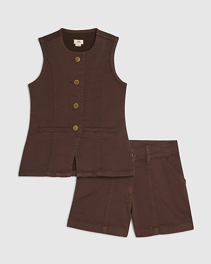 Girls Brown Denim Waistcoat And Shorts Set