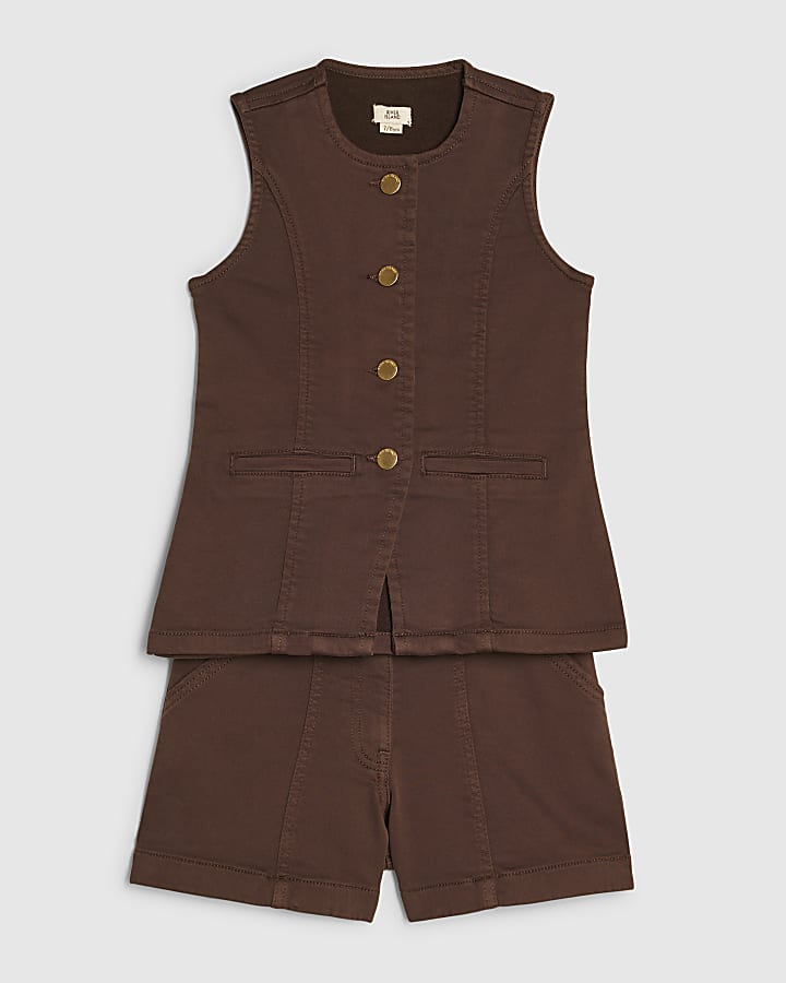Girls Brown Denim Waistcoat And Shorts Set