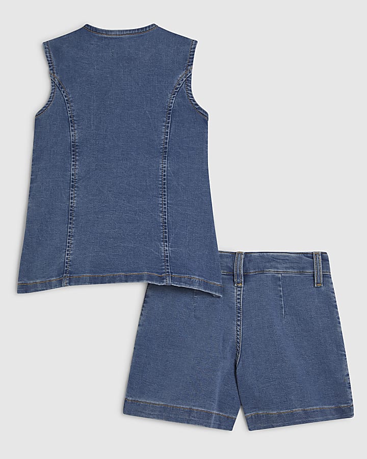 Girls Blue Denim Waistcoat & Short Set