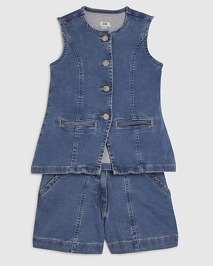 Girls Blue Denim Waistcoat & Short Set