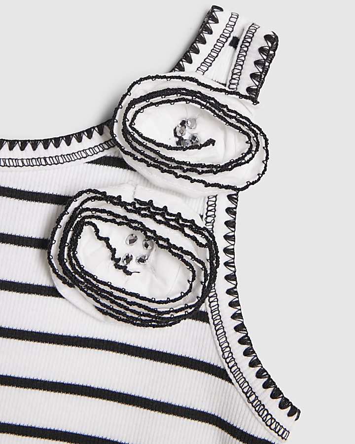 Girls Black Stripe Rosette Tank Top