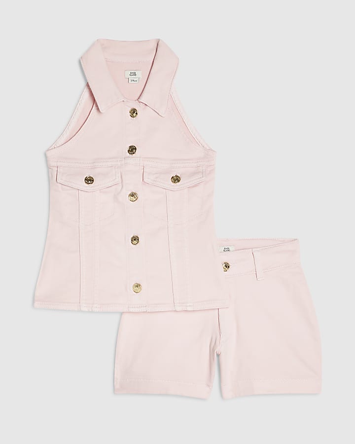Girls Pink Denim Waistcoat & Shorts Set