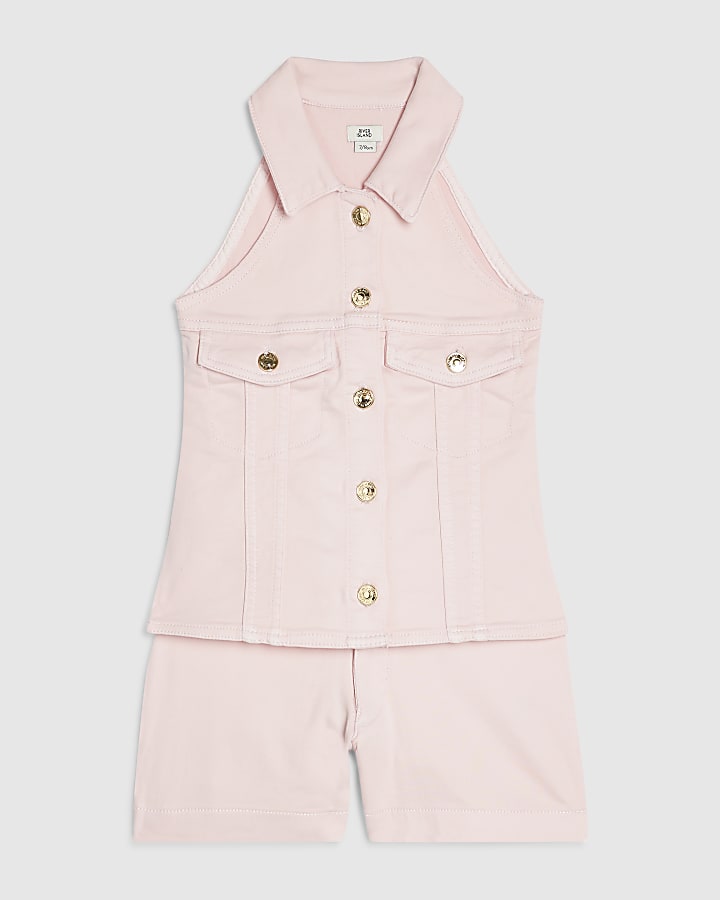 Girls Pink Denim Waistcoat & Shorts Set
