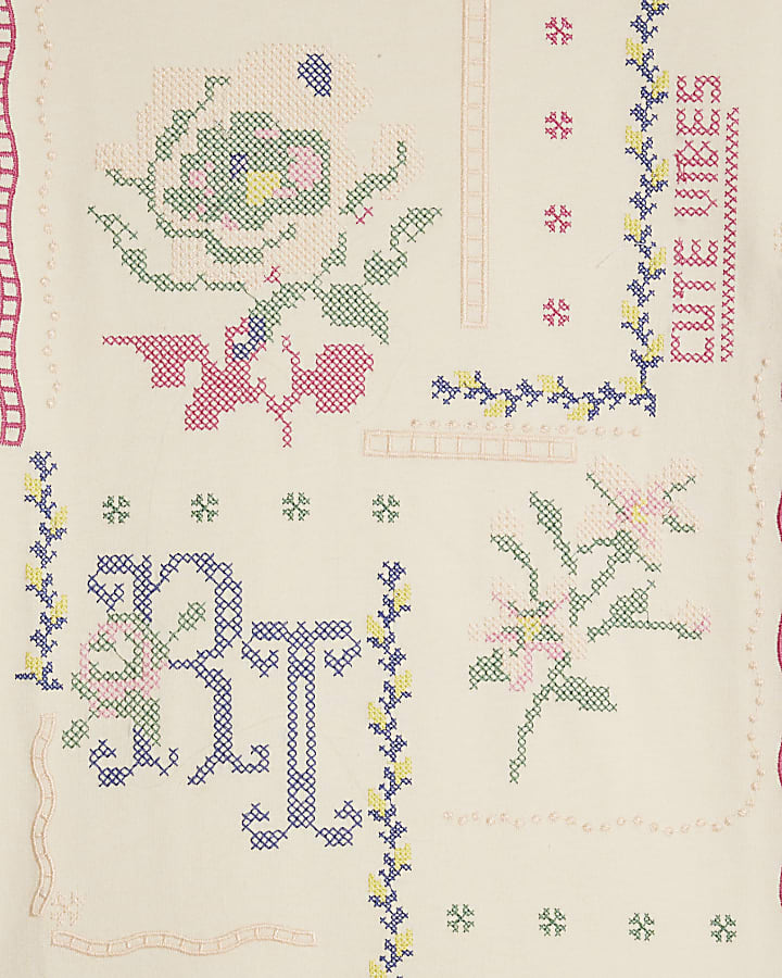 Girls White Cross Stitch Floral T-Shirt